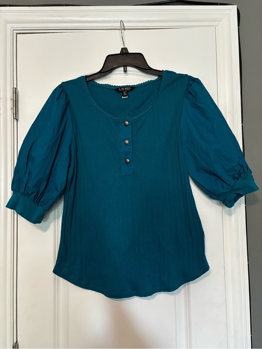Lauren Ralph Lauren Teal Blue Puff-Sleeve Henley Top XL